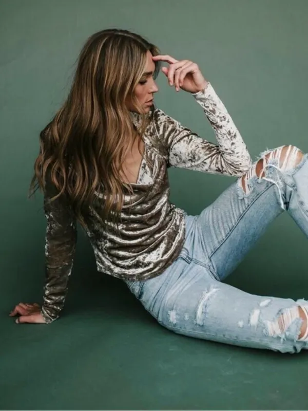 Free People Velvet Long-Sleeve Drape Neck Top - Taupe size Small - Image 2