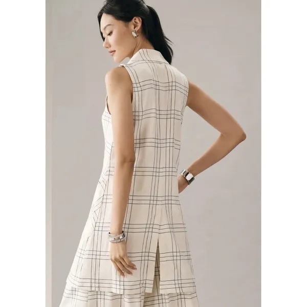 Maeve Anthropologie Long Linen Plaid Duster Vest Ivory Windowpane Academia‎ Sz 4 - Image 5