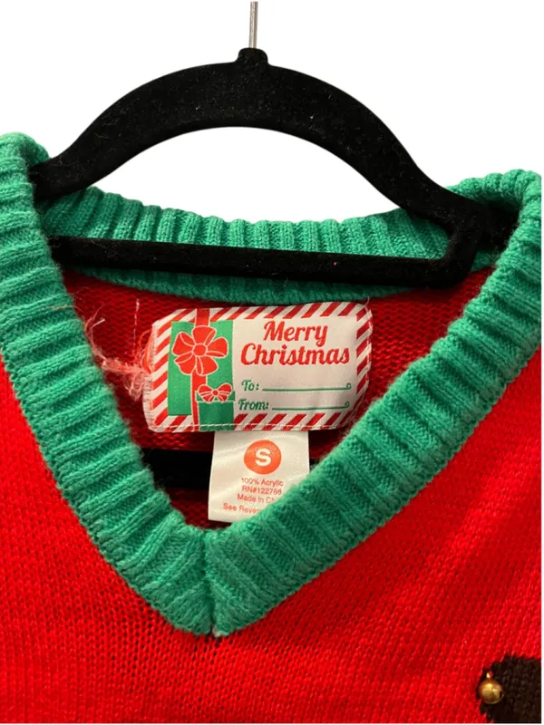 Ugly Christmas Sweater Vest Red Reindeer 3D Tie Jingle Bell Sequin Small Tacky - Image 3