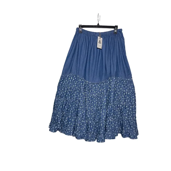 NWT EASEL Women’s Boho Blue Chambray Floral Print Tiered Maxi Skirt - Image 4
