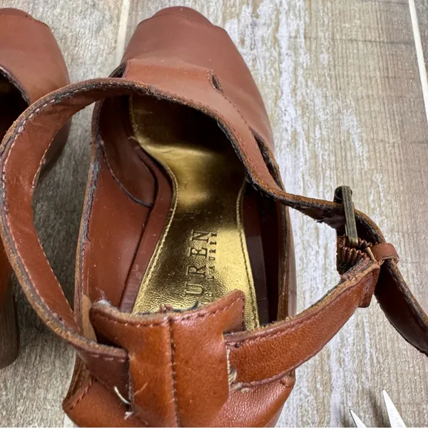 Ralph Lauren Hannie Brown‎ T Strap Peep Toe Wedge Sandals Leather Sz 8.5 - Image 10
