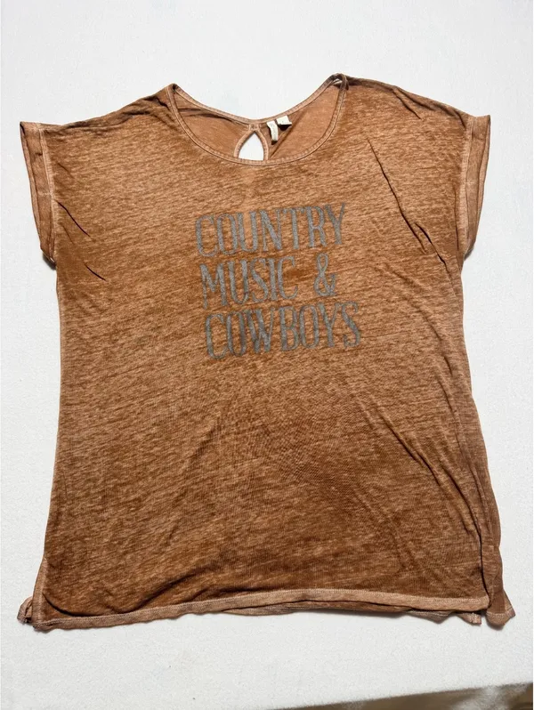 OZEO Women’s L Country Music & Cowboys Brown Graphic Tee Keyhole Back - Image 4