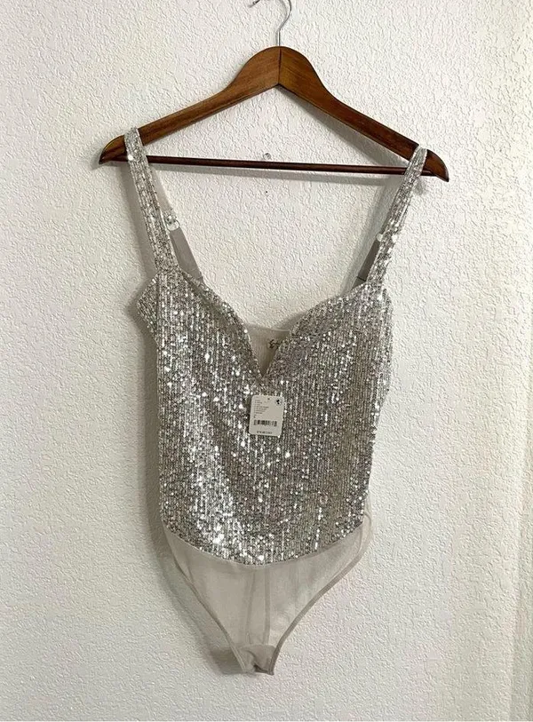 NWT Free People Womens Bodysuit Silver Sparks Fly Bodysuit Sequin Size Small - Image 2