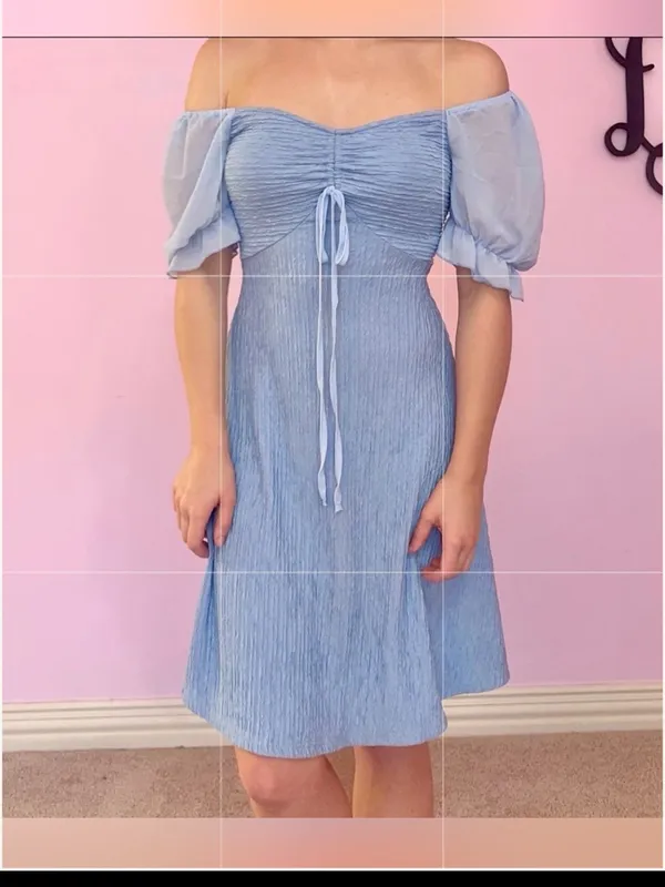 Light Blue Puff Sleeve Ruched Front Dress - Image 2
