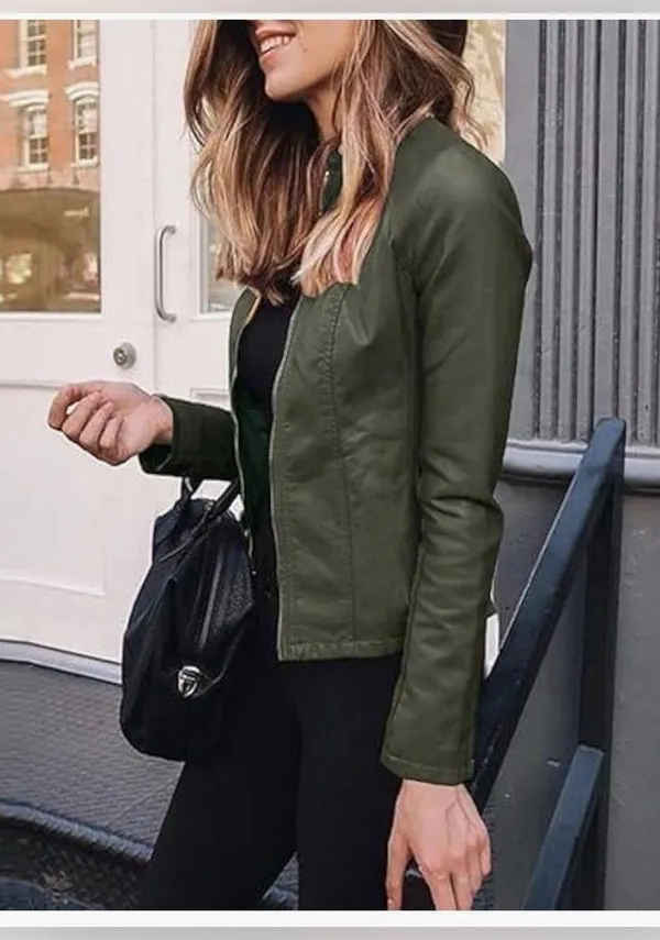 NEW Green Vegan Leather Classic Moto Biker Zipper Jacket XL - Image 2