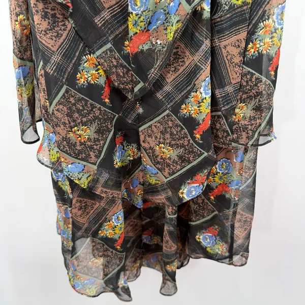 Free People Dress SZ 6 Daisy Chain Floral Plaid Chiffon Tiered Ruffle Sheer Boho - Image 12