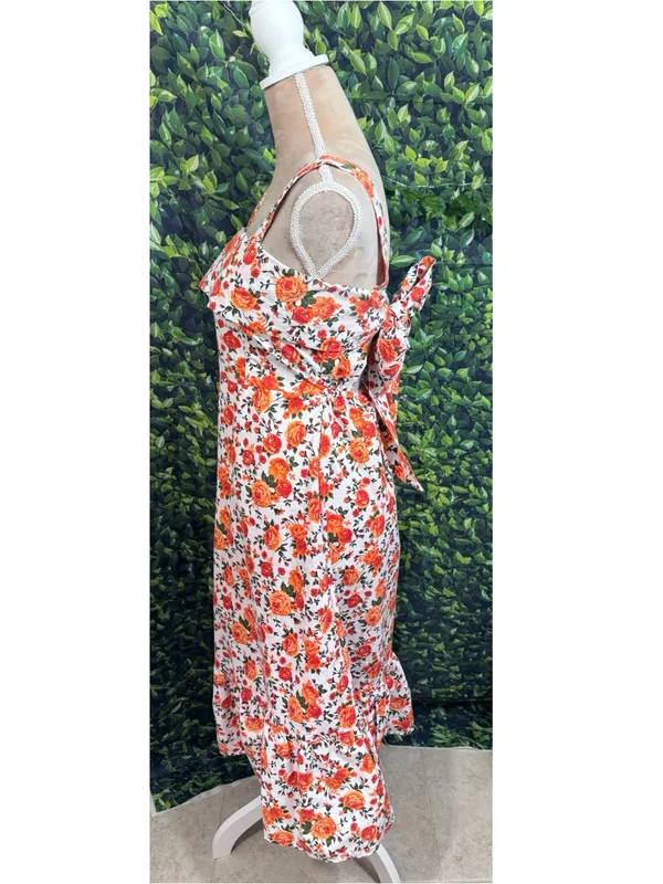 Boutique Floral Garden Party Midi Dress Tie Back Ruffle Hem Cotton Size Medium - Image 7