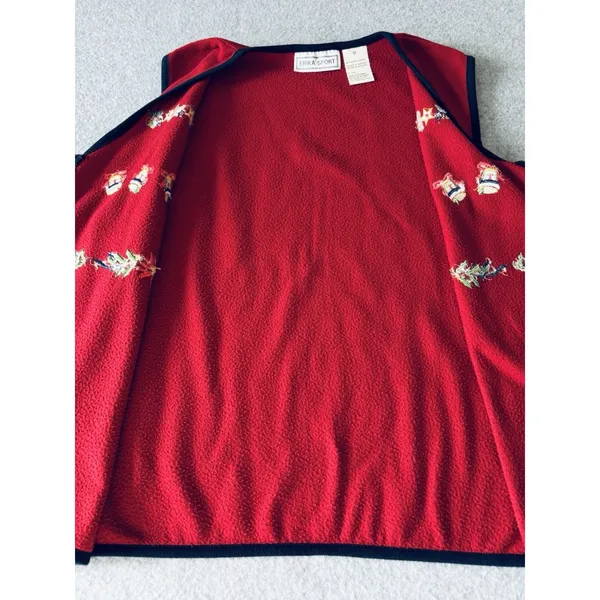 Vintage Erika Sport Womens Fleece Vest Red Embroidered Bells Holiday Christmas M - Image 9