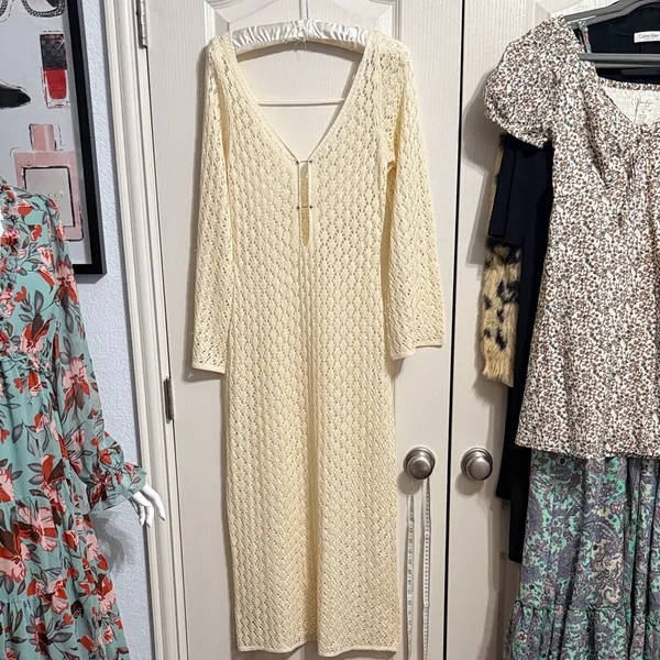 Cream Boho Sheer Knit Lightweight Long Sleeve Midi Dress Cover Up Cottagecore - Image 2
