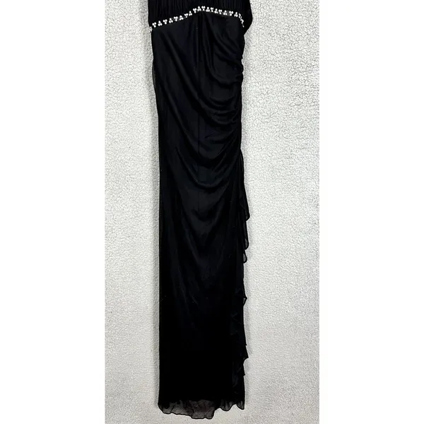 Cache Halter Maxi Dress‎ Womens 2 Black Rhinestone Ruched Y2K Formal Prom Gown - Image 2