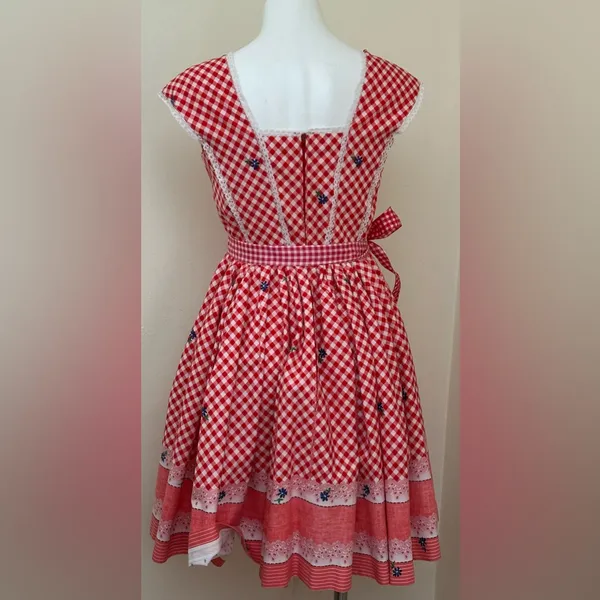 Red White Retro Gingham Checkered Lace Sleeveless Wing Hand Made Dress Sz S - Image 10