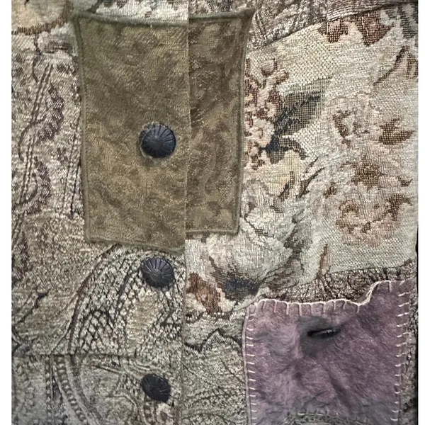 Vintage Y2K Boho Patchwork Tapestry Carpet Jacket Suede Collar Made in USA - Image 11