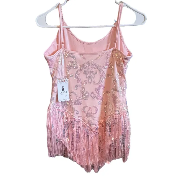 NWT ODIZLI Pink Sequin Fringe Tassel Cami Bodysuit Rave Dance Costume Small - Image 6