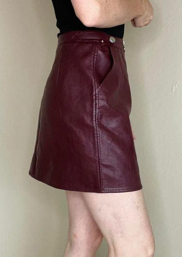 Tagoo All For Leather Burgundy Faux Leather Pleather Mini Skirt - Image 5