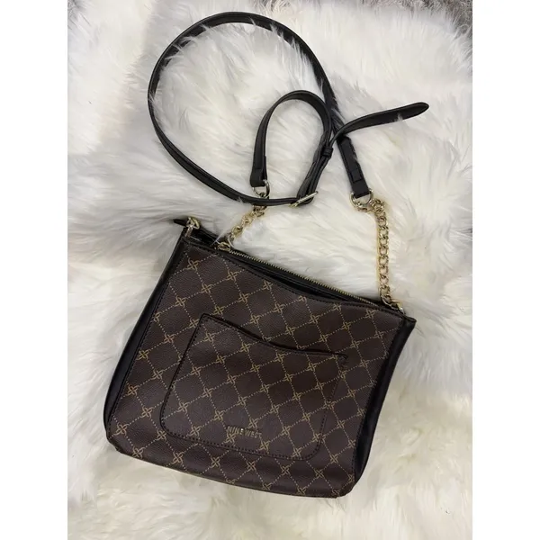Nine West Brown Monogram Crossbody Shoulder Bag Purse Gold Chain Black Logo - Image 4