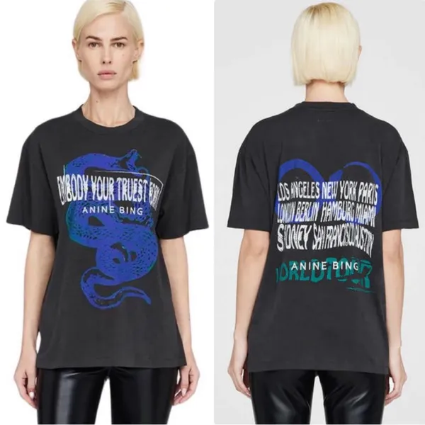 Anine Bing Walker Viper Blue Snake Tee in Washed Black, Size Medium - Image 2