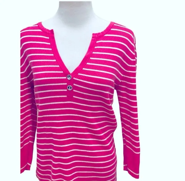 Ralph Lauren Pink White Stripe Knit Henley Knit Top L Preppy - Image 2