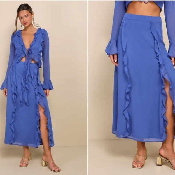LULU's Boho Bohemian Flowy Romantic Ruffle Chiffon Blue Maxi Skirt NWT - Image 4