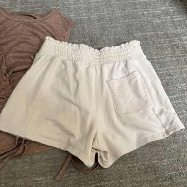 FLX Ivory Shorts Brown Ruched Side Tie Tank Cozy Athleisure Set XS - Image 3