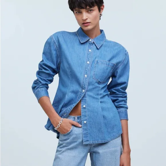 Madewell Chambray Denim Darted Button-Up Long Sleeve Shirt XS - Image 3
