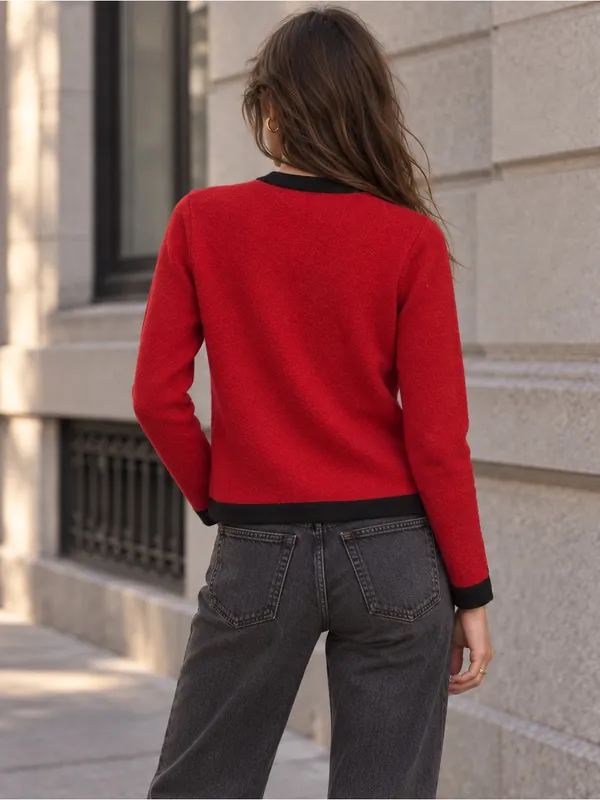Vintage 100% Cashmere Red Cardigan Black Trim Gold Buttons Small - Image 2