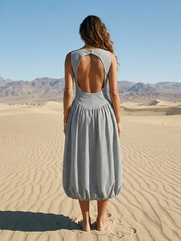 NWT Reformation Elvira in Slate Check Gingham Cotton Bubble Hem Midi Dress 6 - Image 3