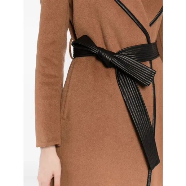 Tahari Wool Blend Faux Leather Trim Belted Coat Caramel Size Medium - Image 4
