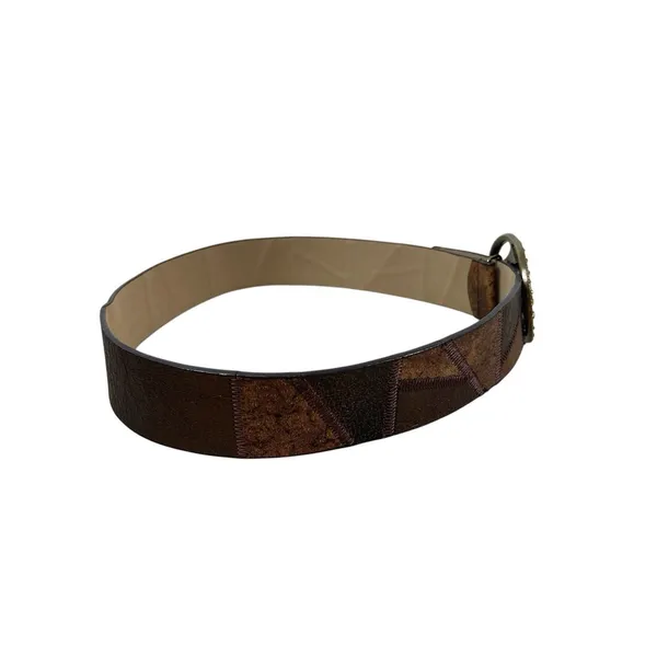 Y2K Chico’s Brown Patchwork Wide Belt M Rhinestone Geometric Buckle Boho Western - Image 6