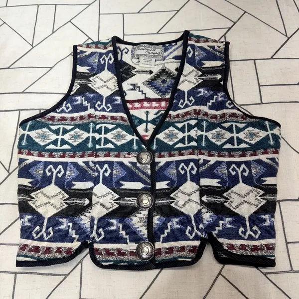 Southwest Canyon Geometric Jacquard Vest M Blue‎ VTG 90s Western Crop Aztec - Image 5