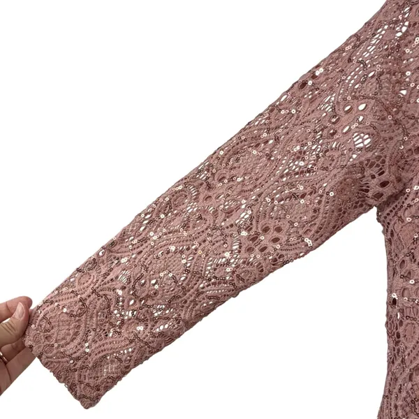 Marina Womens Pink Sequin Lace V-Neck Long Sleeve Maxi Gown Dress Size 14‎ - Image 4