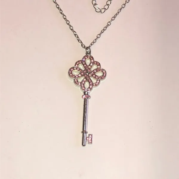 Silver Tone Key Pendant Necklace with Pink Accents - Image 2