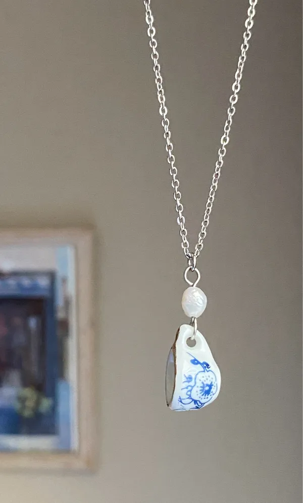Handmade porcelain tea cup & freshwater pearl unique fun fairy antique style necklace🫖🍃🌀 - Image 2
