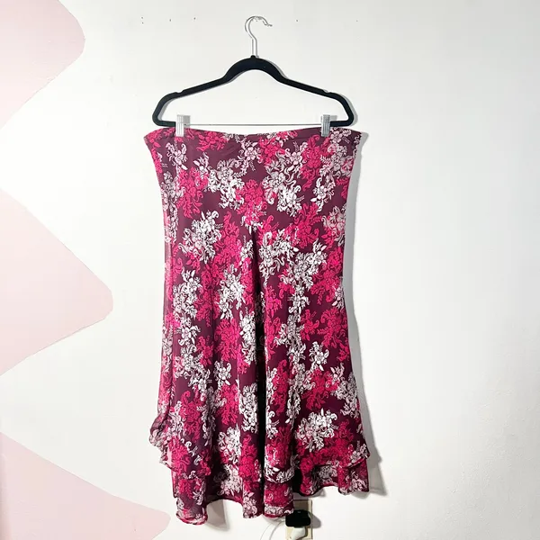 White Stag Vtg Y2k 2000s Midi Skirt Size Large Pink Floral Ruffles Asymmetrical Fairy - Image 2