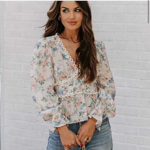 Vici New-Malaia Floral Crochet Peplum Top - Ivory Multi - Image 3