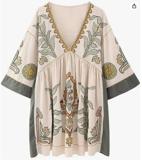 Womens Oversized Embroidered Dress with V-Neck and 3/4 Sleeves Vintage Embroidery Babydoll Dress - Image 5