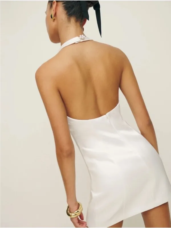 Reformation Women’s Anakin Satin Halter Neck Open Back White Mini Dress Size 4 - Image 5
