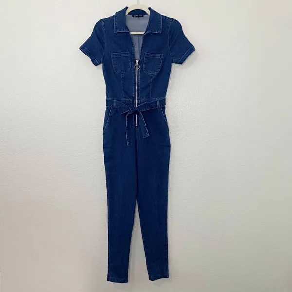 NWOT Haute Monde Zip Up Front Denim Short Sleeves Bodycon Jumpsuit, Sz Small - Image 3