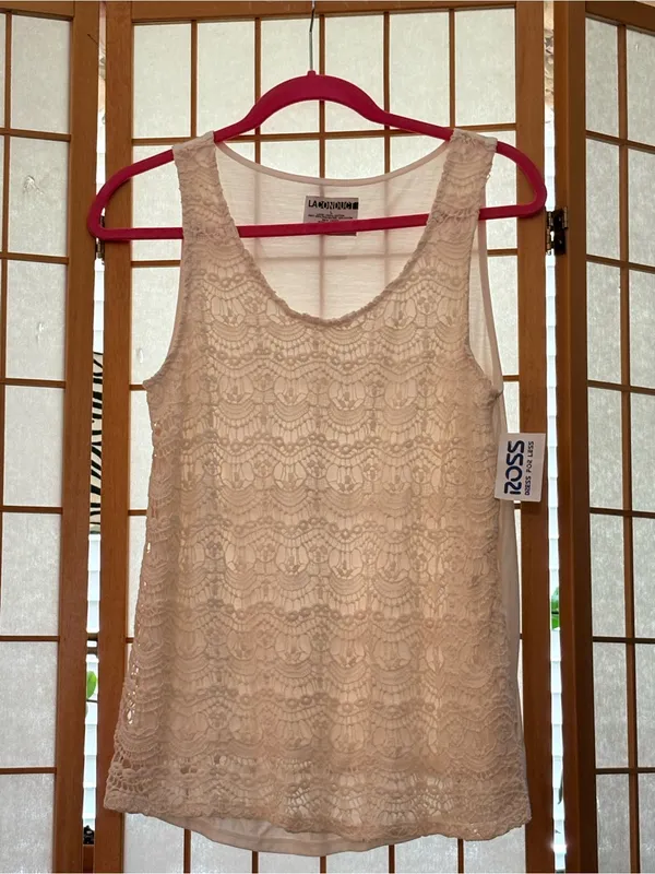 Lace Overlay Scoop Neck Tank Top - Cream Large NWT - Image 3