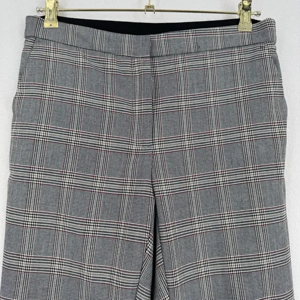 Zara Plaid Trousers Women L Gray Black Burgundy Straight Leg Elastic Waist Zara - Image 3