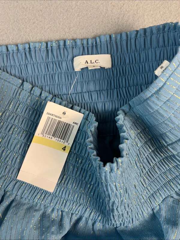 ALC Frank Light Blue Tiered Silk Ruffle Skirt with Metallic Thread NWT SIZE: 4 - Image 2