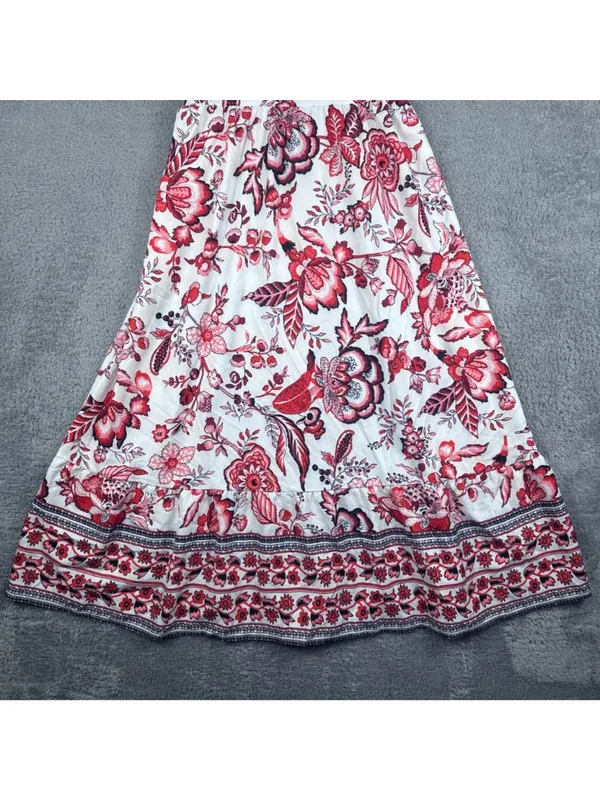 Floral V-Neck Midi Dress With Puff Sleeves & Ruffled Hem Red & White - Image 6