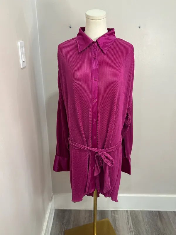 12th Tribe Cara Fuschia‎ Plisse Mini Dress Large - Image 2
