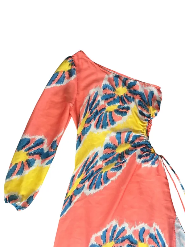 By Anthropologie Women’s One Shoulder Coral Floral Asymmetrical Hem Midi Dress - Image 3