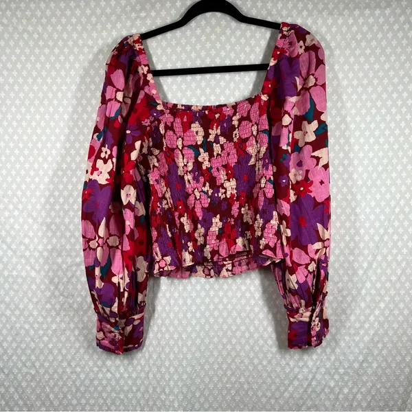 Free People‎ Pink Floral Ariana Smocked Puff Long Sleeve Top - Image 7
