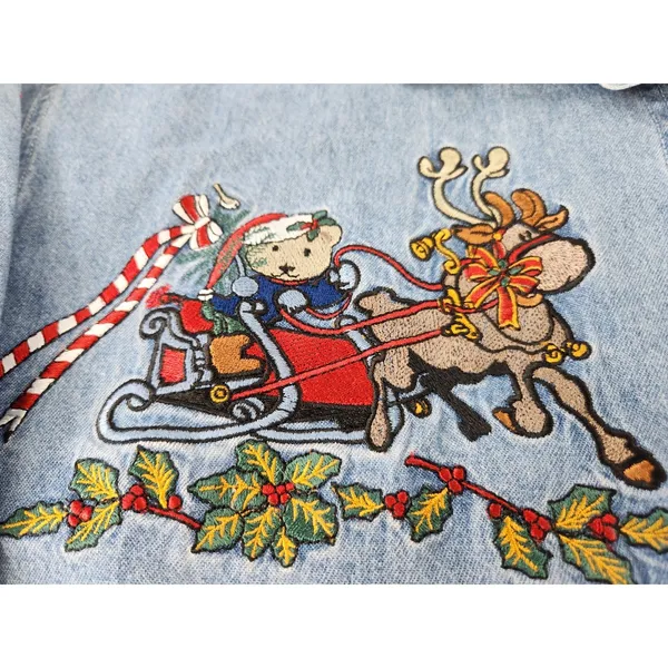 Vintage Embroidered Holiday SOFT Denim Shirt Reindeer Sleigh Bear Teacher Large - Image 4