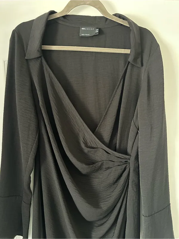 ASOS Black Draped Side Ruching Tulip Hem Long Sleeve Dress V Neck - Image 3