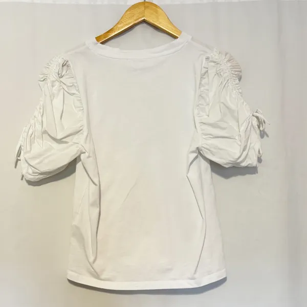 FRAME Ruched Tie‎ Sleeve Organic Cotton T-Shirt Blanc size Small - Image 3