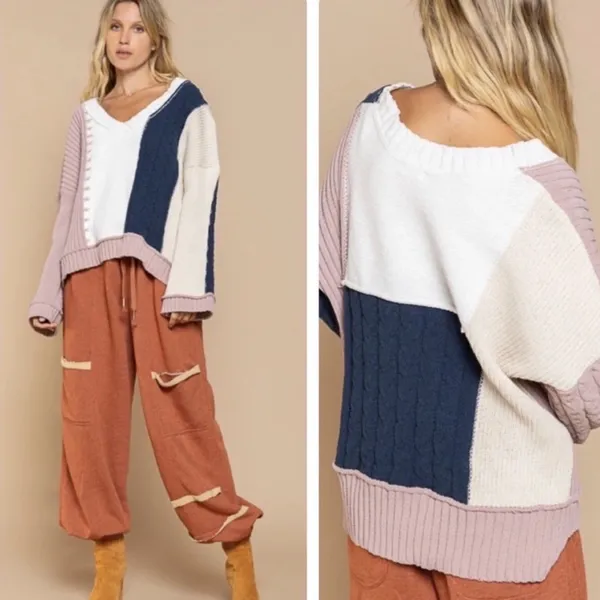 POL V-Neck Color Block Chunky Knitted Sweater Women’s‎ Size M - Image 3