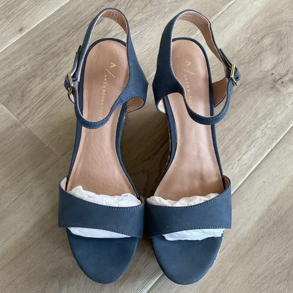Anthropologie Arden Denim Blue Cork Platform Wedge Leather Sandals Size 9 - Image 3