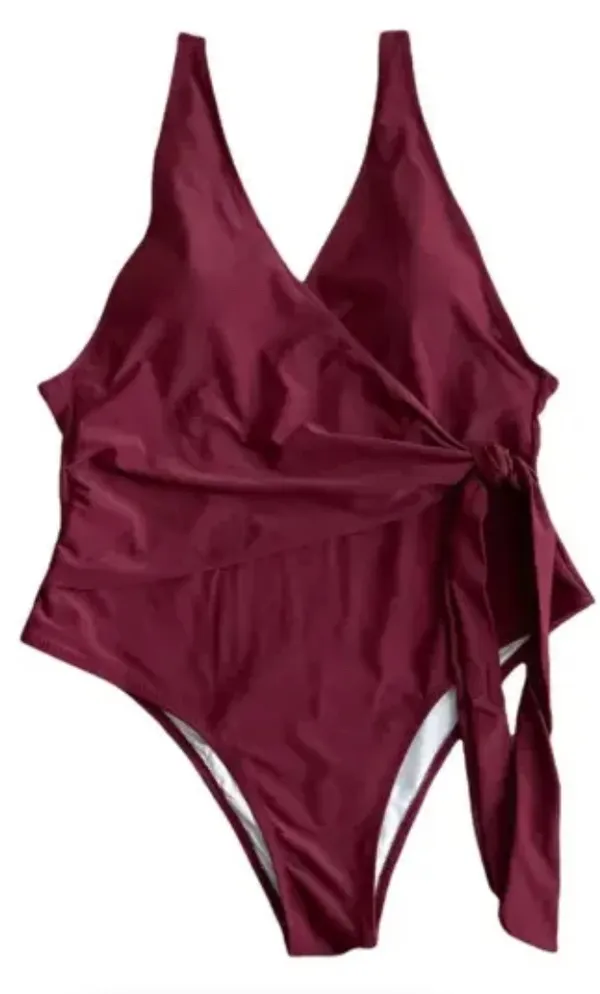 Glowbeam Burgundy Side Tie Plunge Neckline One Piece Swimsuit - Image 2